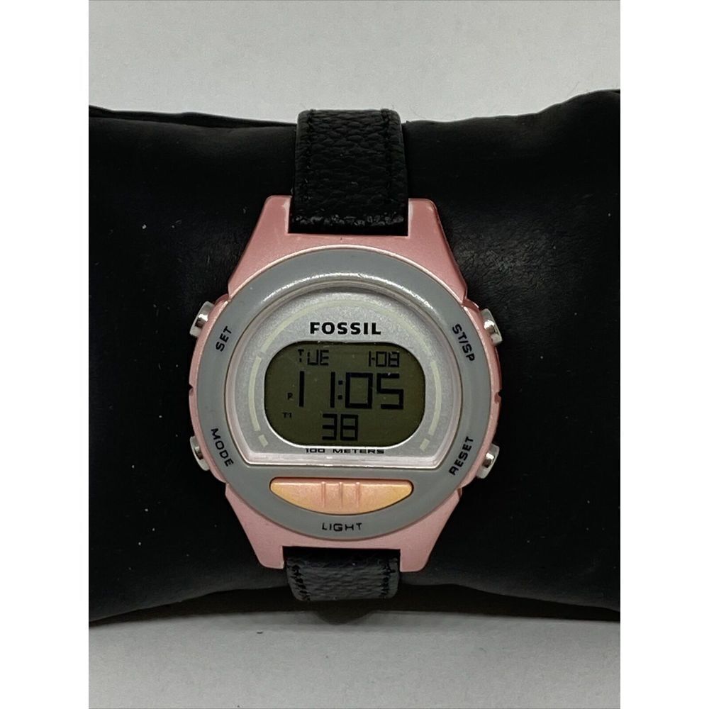 Fossil DQ1166 Women's Black Leather Digital Gray Dial Quartz Genuine Watch LJ311